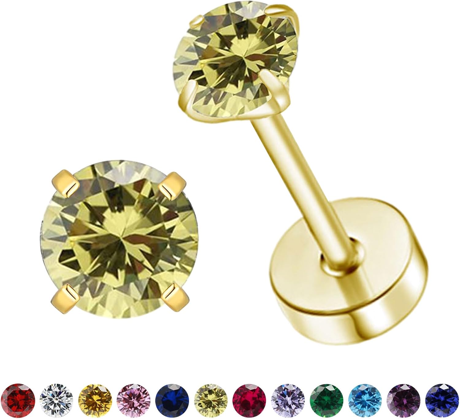 Natural Birthstone Stud Earrings for Women Teen Girls, Small 3mm CZ Stud Flat Back Earrings, Screw Back Tiny Earrings Studs, Cartilage/Tragus/Second Hole Earrings