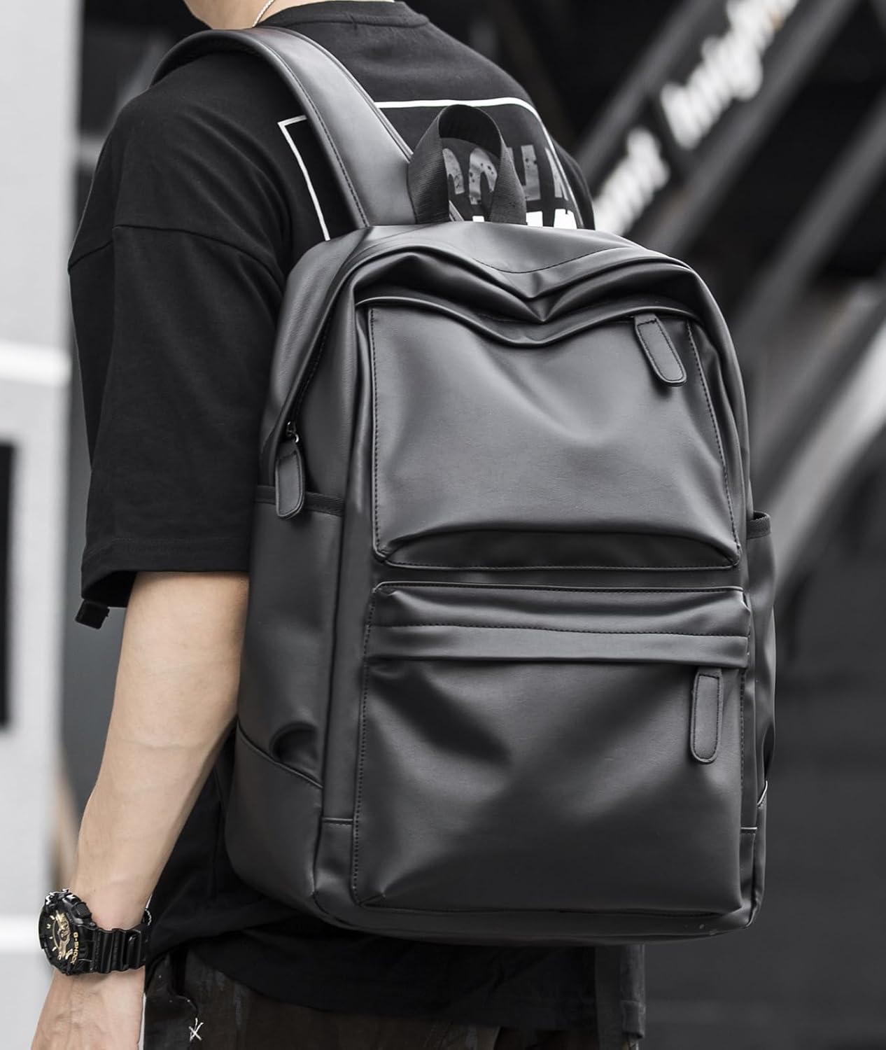 MOYYI Leather Laptop Backpack for Men Black Fit 15.6inch Laptop Backpack Simplify Rucksack Waterproof for Work Commute Casual Daypack