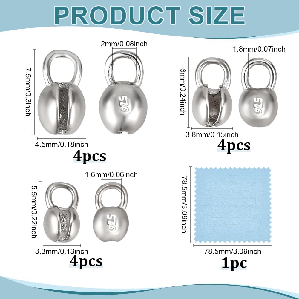 BENECREAT 12 Pcs 925 Sterling Silver Crimp Cover Beads, 3 Styles Round Bead Tips Calotte Ends, Clamshell Knot Cover for Jewelry Making DIY Findings Crafts