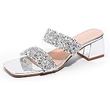 kkdom Square Toe Chunky Heels Sandals-Sparkle Glitter Rhinestone Low Heels Sandals-Short Heels Two Strap Leather Mule Sandals Slip On Block Heels for Party Dating Daily Work