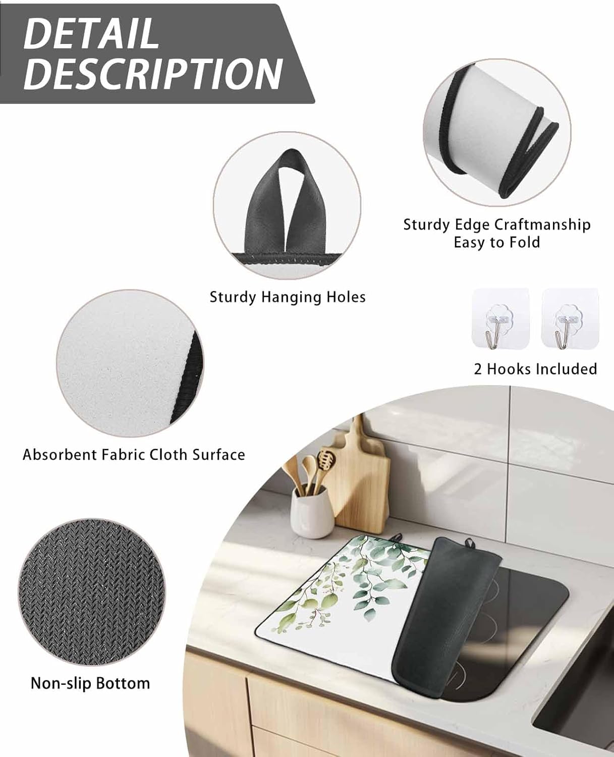 Stove Cover for Electric Stove 24x21 Inch Green Eucalyptus Leaf Stove Top Cover Watercolor Leaf Glass Cooktop Covers Anti-Slip & Heat Resistant Countertop Protector Home Kitchen Decor