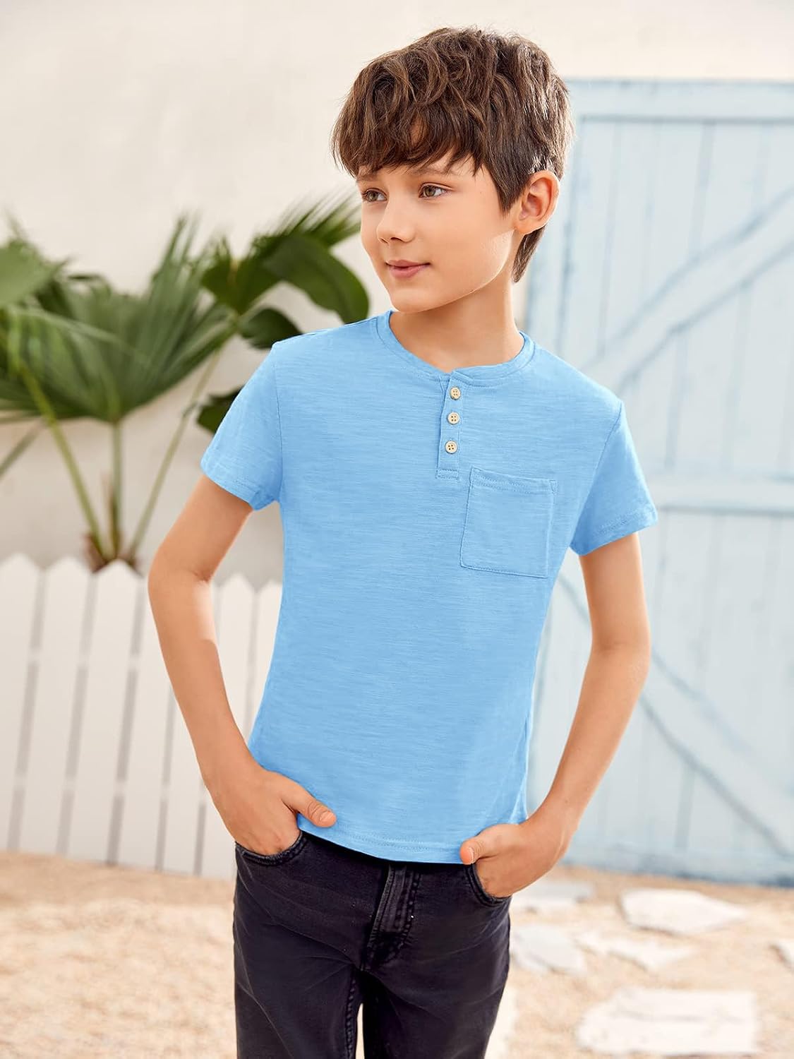 GAMISOTE Kids Boys Henley Shirts Solid Button Down Short Sleeve Pocket Casual Tops Tees