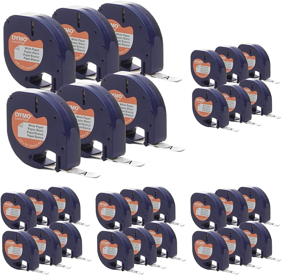 DYMO Authentic Lt Paper Labeling Tape for LetraTag Label Makers, 1/2" (12mm), Black Print On White Tape, 6-Pack