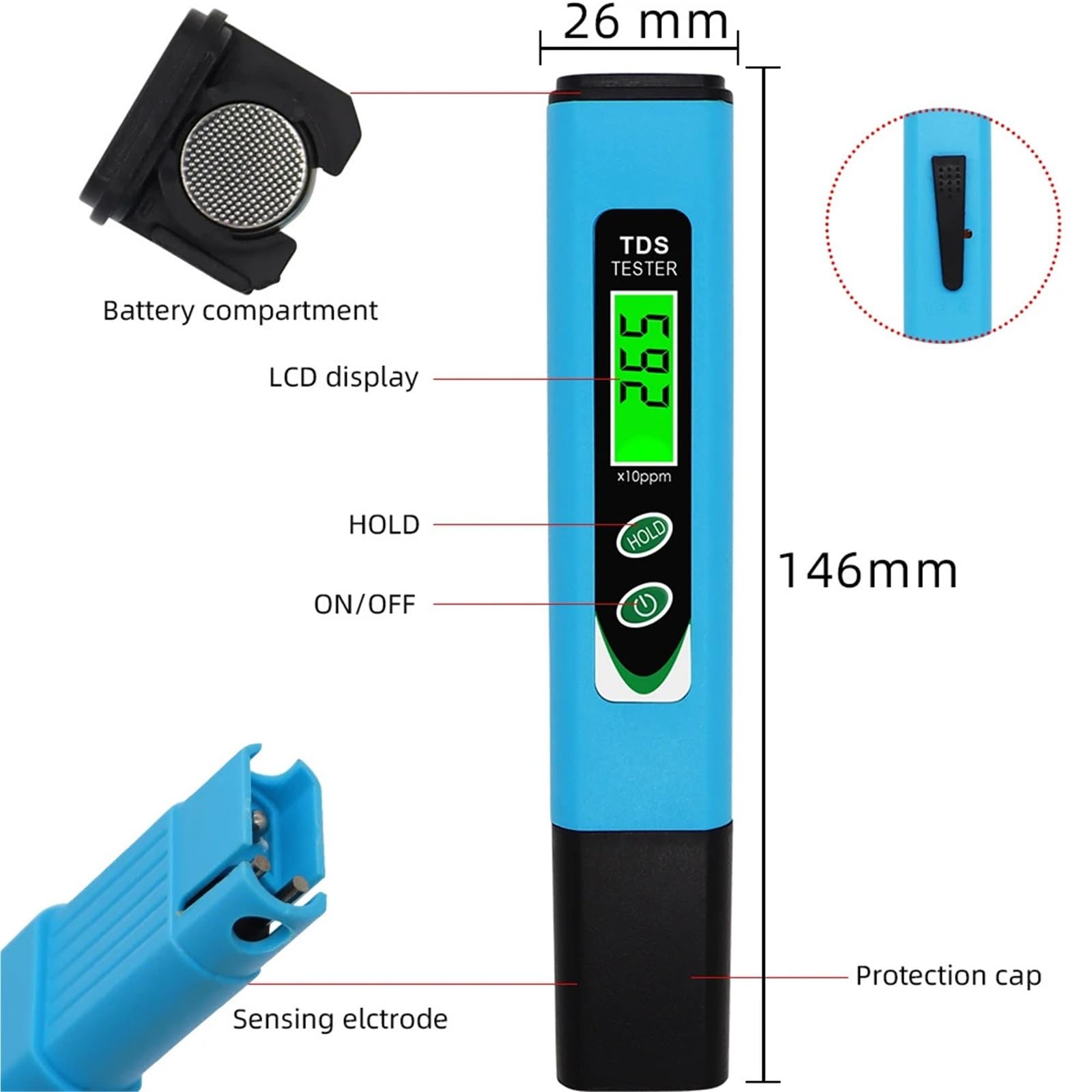 Medidor digital de temperatura TDS (ppm) 0-9990, analizador de calidad del agua de bolsillo, bolígrafo for piscinas, acuarios y agua potable.,Análisis confiable