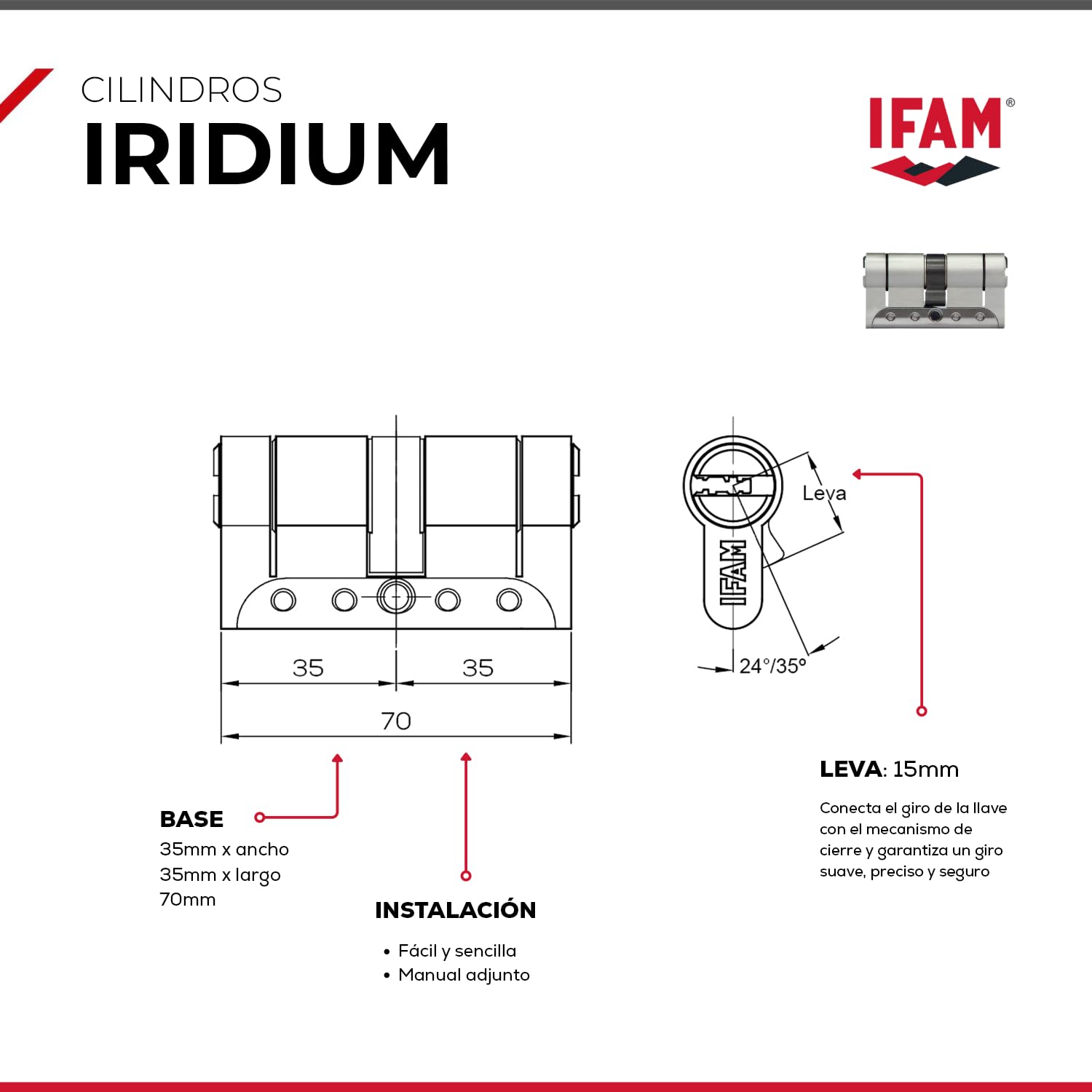 IFAM Cilindro Puertas Iridium, 35x35mm, Leva 15mm, Bombin Cerradura Seguridad, 5 Llaves, Doble Protección Antirotura, Antitaladro y Antiganzúa, Doble Sistema Antibumping, Perfil Europeo, Color Níquel