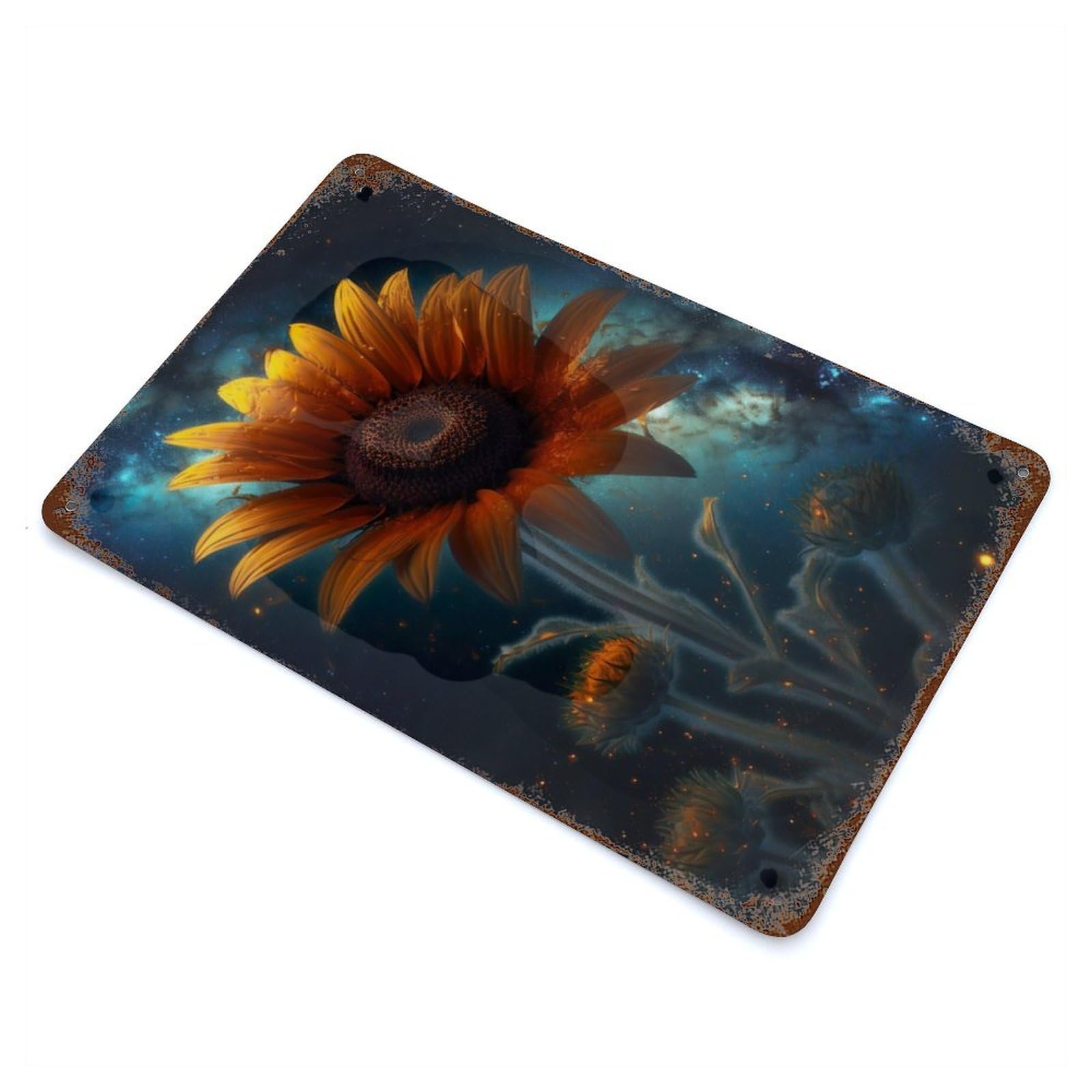 Aged Metal Wall Plaque with Sunflower Milky Way Galaxy Design 11.8"x7.9", for Basement, Hobby Room And Garage Decor, Farmhouse Wall Decor
