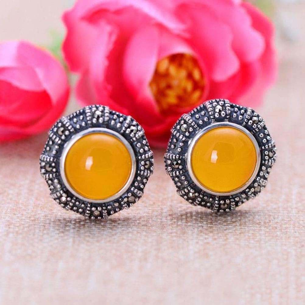Ear925 Sterling Silver Jewelry Vintage Thai Silver Ear Stud Earclassical Female Ear Buckle/Yellow Chalcedony