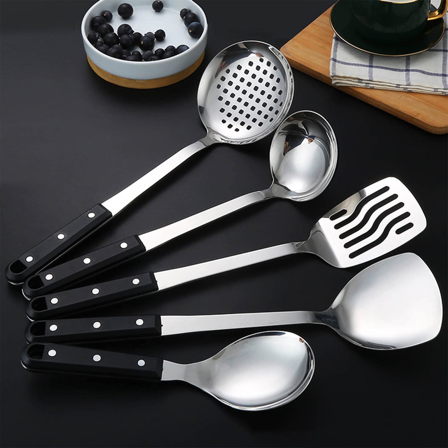 Set di Utensili da Cucina Acciaio Inossidabile Stoviglie Include Cucchiaio Scanalato Spatola Scanalata Spatola Grande Cucchiaio Mestolo, Confezione da 5