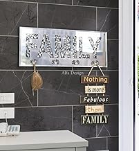 ALFA Design Crush Diamond Mirrored Family Letter Plaque Sign for Wall Decor, Crystal Clear Hooks Key Holder Key Hanger, Silver Mirror Decoration Wall Art, Wall Mounted Home Decor