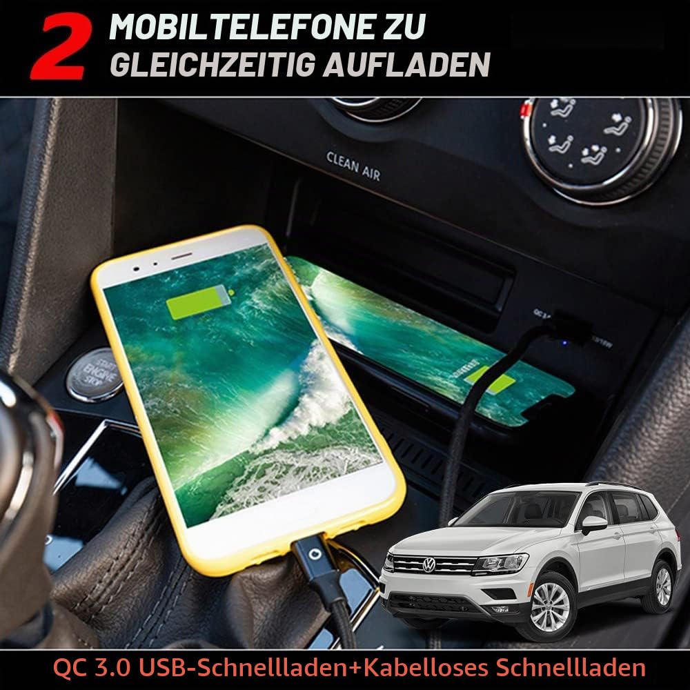 Kabelloses Ladegerät Auto Kompatibel mit VW Tiguan 2018 2019 2020 2021, 15W Schnellladendes Handy-Ladegerät für Volkswagen Tiguan Center Console-Zubehörfeld, Geschenk für VW Tiguan-Besitzer