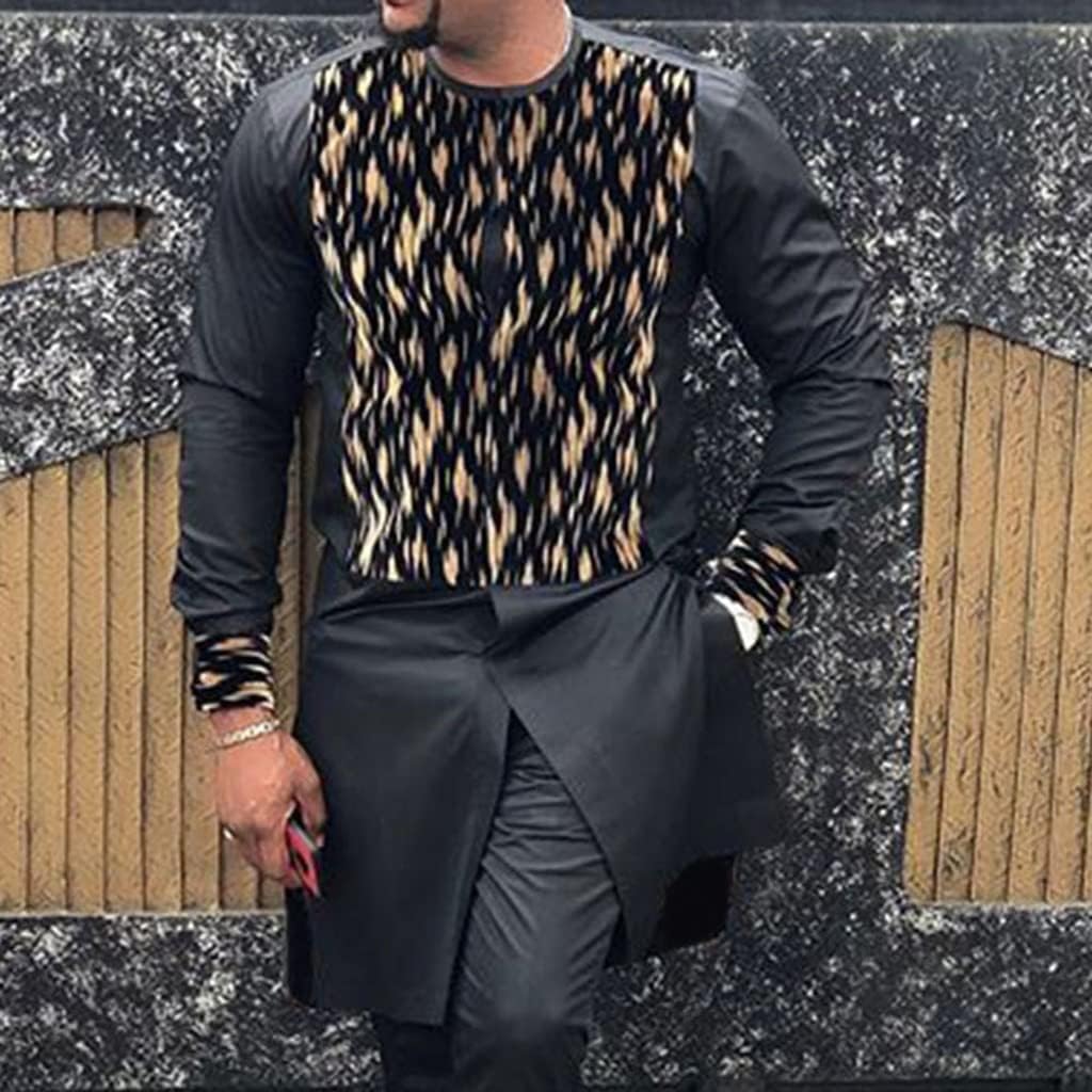 Men African Outfits and Pants 2 Piece Set Clothing Print Shirts Attire Tops Dashiki and Trouser Long Sleeve Tracksuit (Color : Black, Size : Large)