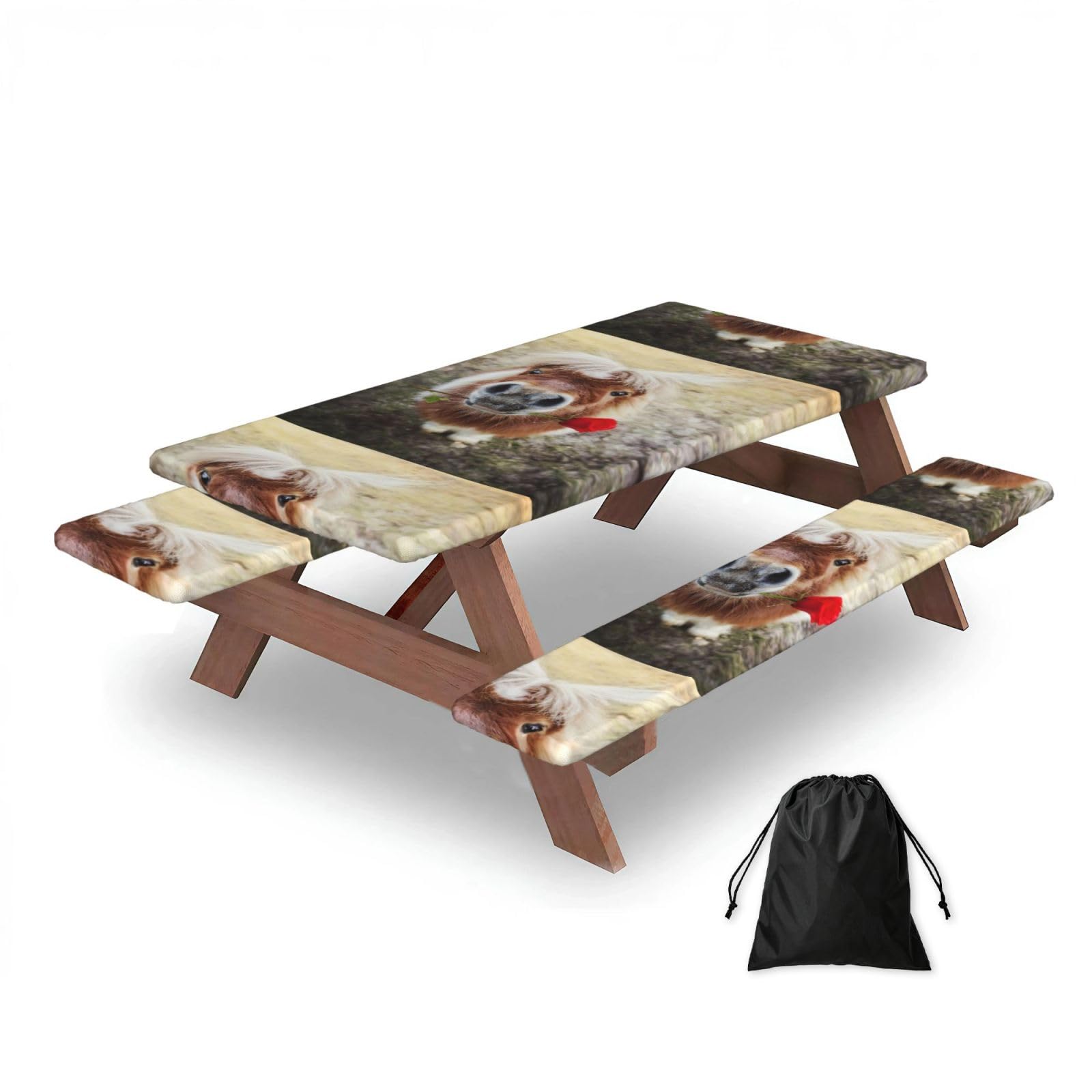 Horse And Rose, Picnic Table Cover With Bench Covers -Waterproof Elastic Fitted Tablecloth for Garden Camping Patio 76x152cm