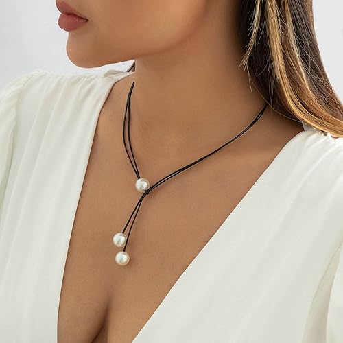 Miniatura 4 de YienDoo Collar de perlas con borla en Y, collar de cuerda de cera negra, cadena de 3 hebras, collar con colgante de perlas de novia, collar en Y