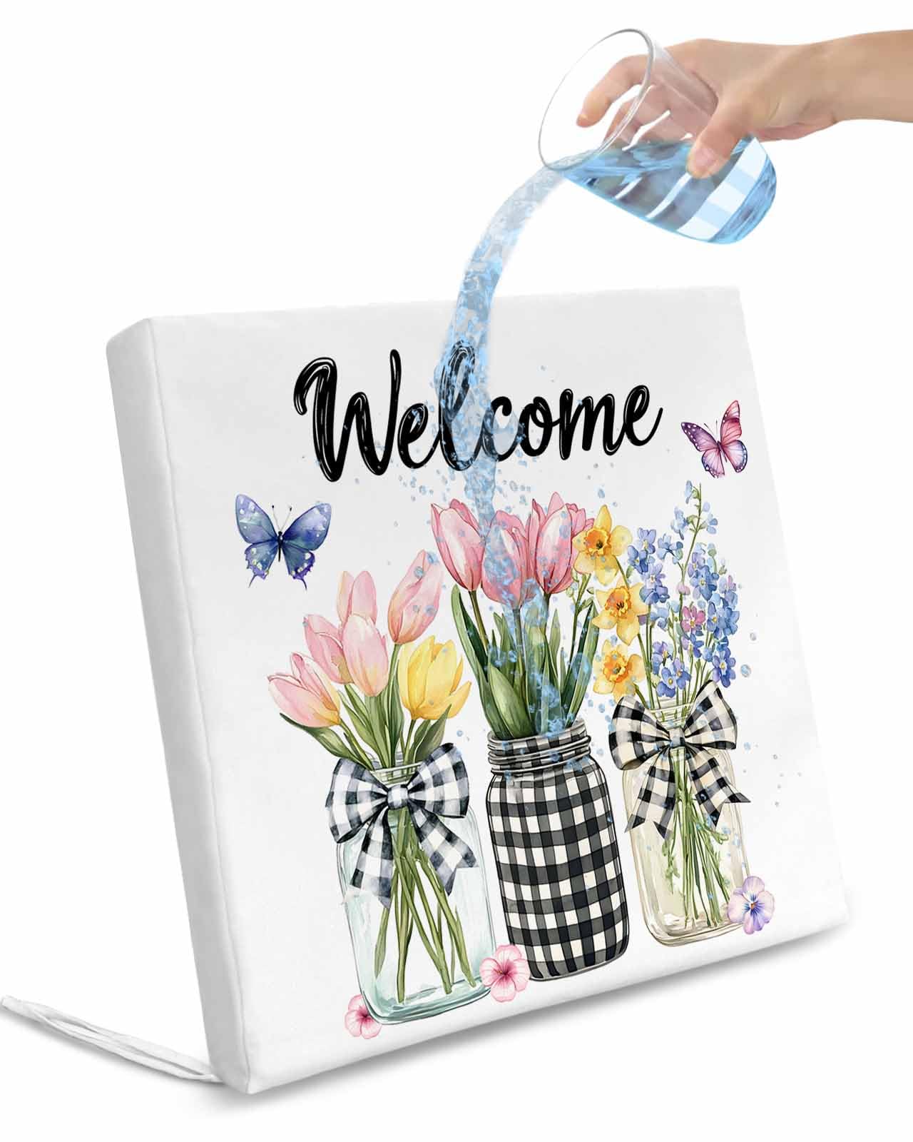 Hokiten Spring Flowers Outdoor Cushion Chair Cover Set of 2 - Waterproof Couch Seat Covers, Farmhouse Tulip Botanical Watercolor Patio Furniture Protector Cushions Slipcovers for Sofa/RV, 20