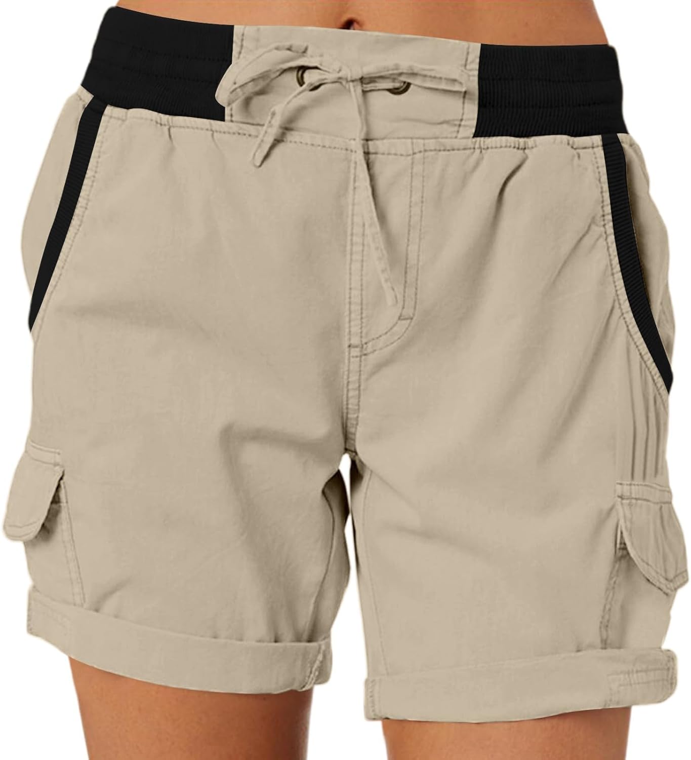 Women Cargo Shorts Summer Drawstring Elastic High Waisted Short Pants Casual Vintage Color Bolck Shorts with Pockets