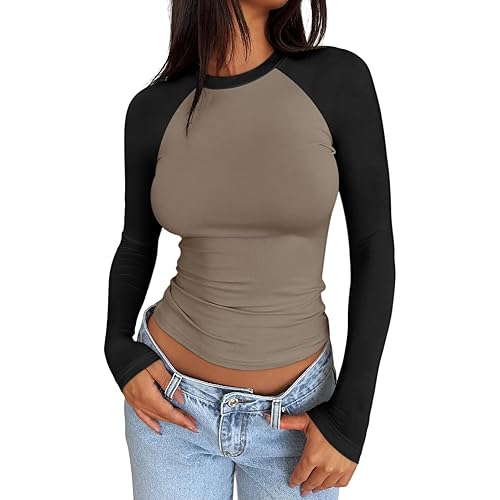 Trendy Queen Women's Long Sleeve Shirts Slim Fit Stretchy Color Block Slightly Cropped Tops