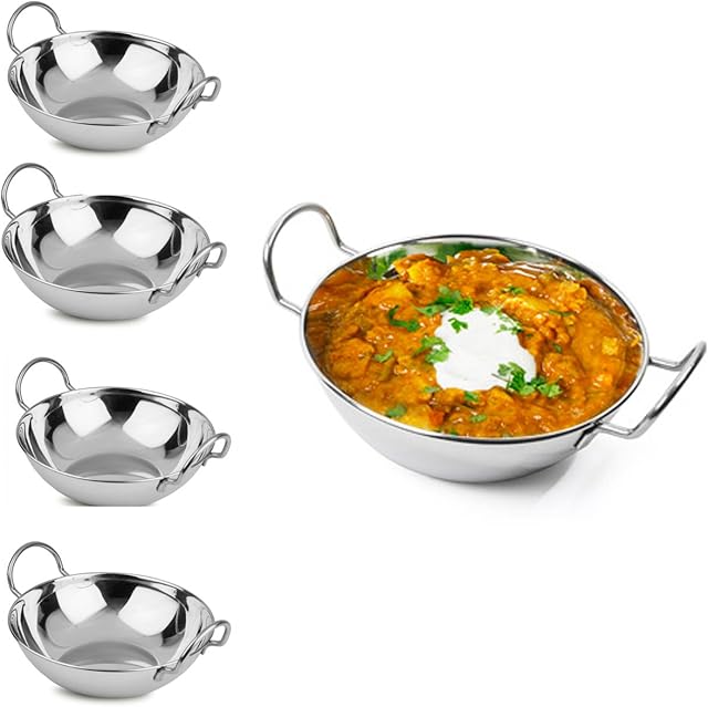 Set of 6 - Stainless Steel Balti Dishes Karahi Curry Deep Serving Indian Dishes Bowls with Handle - 20cm