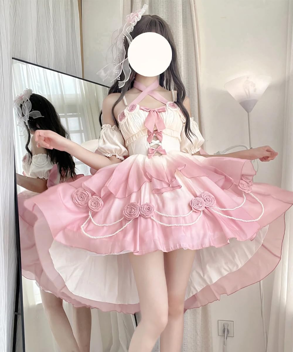 Pink Lolita Dress for Women Girls, Kawaii Princess Dress for Cosplay Costumes, Lace Layers Maid Outfit Sleeveless - Image 4