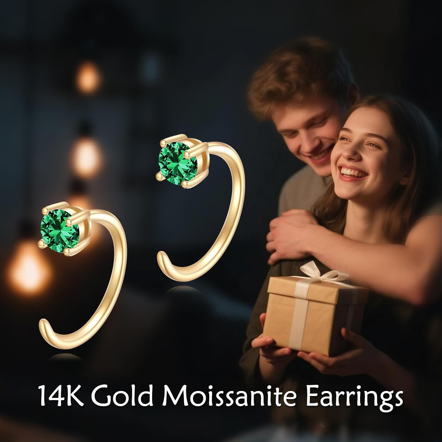 10K Solid Gold Huggie Half Hoop Birthstone Earrings for Women, Gold Colored Gemstone Tiny Cartilage Earring Hypoallergenic Jewelry Anniversary Birthday Gift 10mm