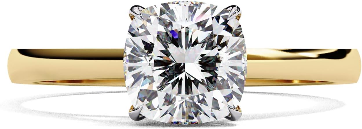 Solitaire Wedding Engagement Ring for Women, Center 6.5MM Cushion Cut Lab Created Moissanite Promise Rings in 10K / 14K Solid Gold or 925 Sterling Silver Jewelry