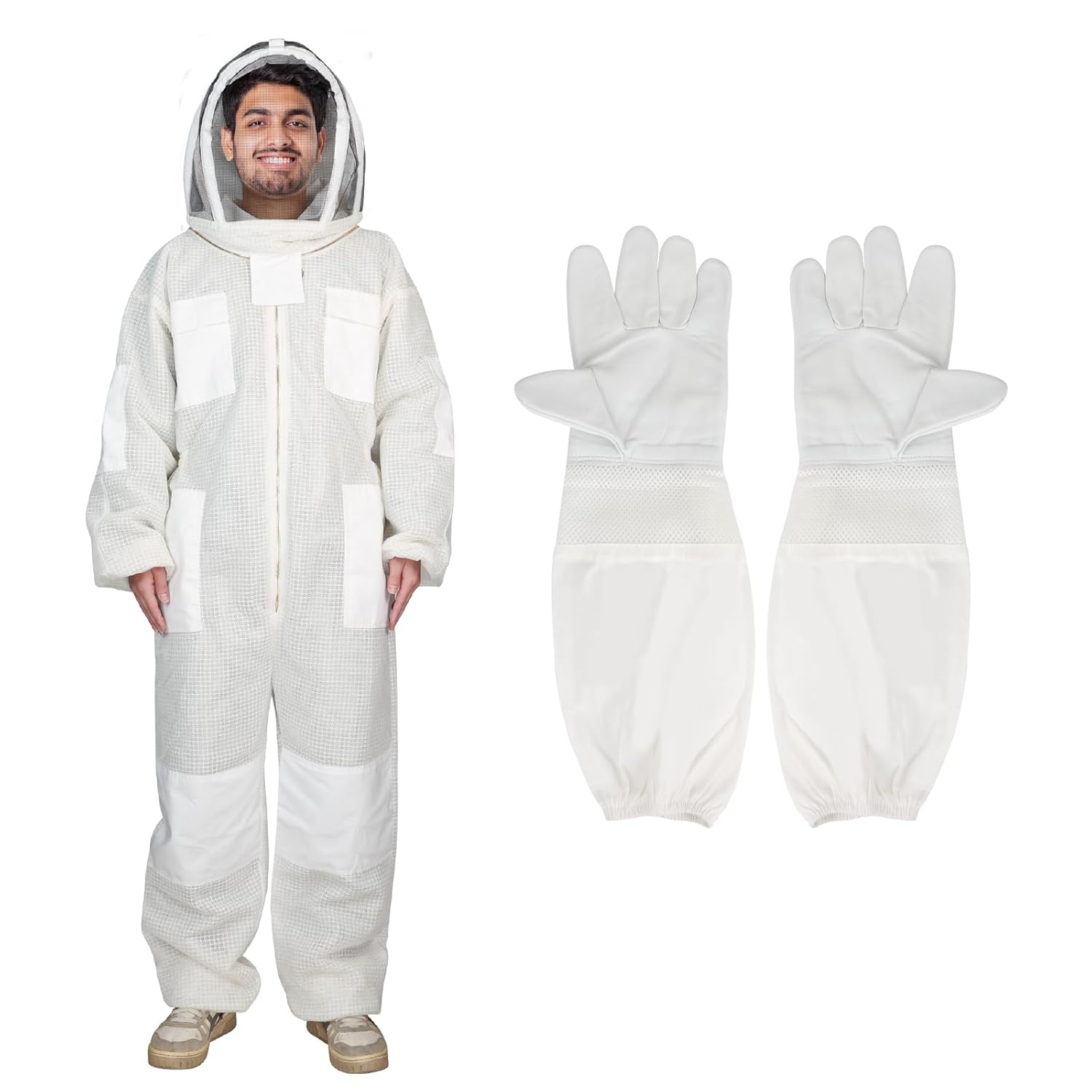 3Layer Bee Suit,Ultra Ventilated Breathable Cotton,Full Beekeeper Suit Equipped with Sheepskin Gloves,Comfortable with Maximum Protection,Commercial & Beginner Beekeepers's Choice(M)