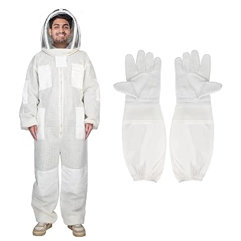 3Layer Bee Suit,Ultra Ventilated Breathable Cotton,Full Beekeeper Suit Equipped with Sheepskin Gloves,Comfortable with Maximum Protection,Commercial & Beginner Beekeeperss ChoiceM