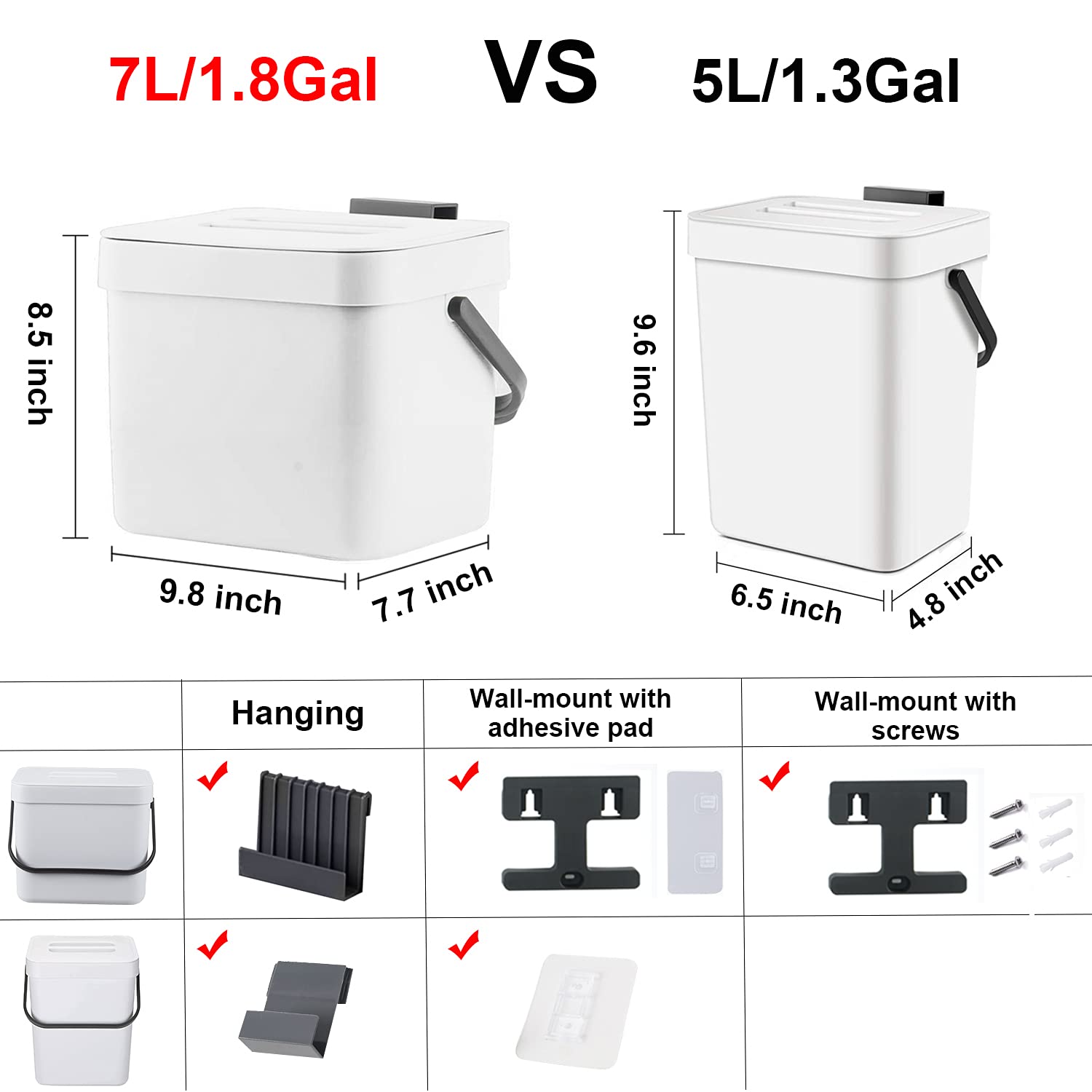 LALASTAR Trash Can Kitchen, Bathroom Trash Can with Lid, Wall-Mounted Under Sink Small Garbage Can for Kitchen, Bathroom, Hanging Plastic Trash Can, 1.8 Gallon, White