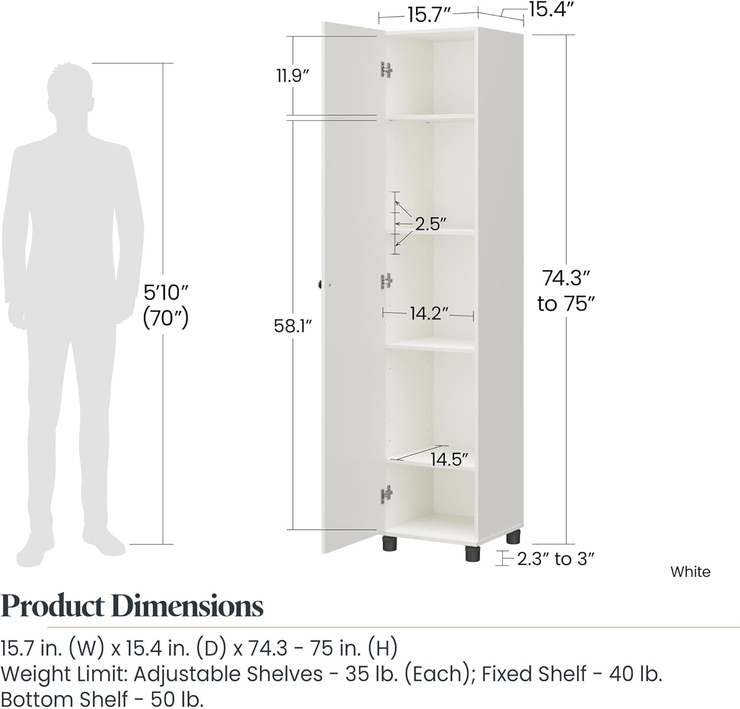 SystemBuild Evolution Kendall Fluted 16" Wide 1 Door Storage Cabinet, White - Image 3