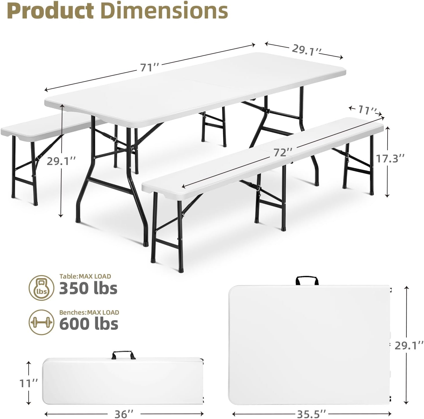6 Feet Picnic Table Set with 2 Benches, 6ft Folding Camping Table Chair Set for Indoor Outdoor Use, 3-Piece 6 ft Portable Folding Furniture with Handles, White