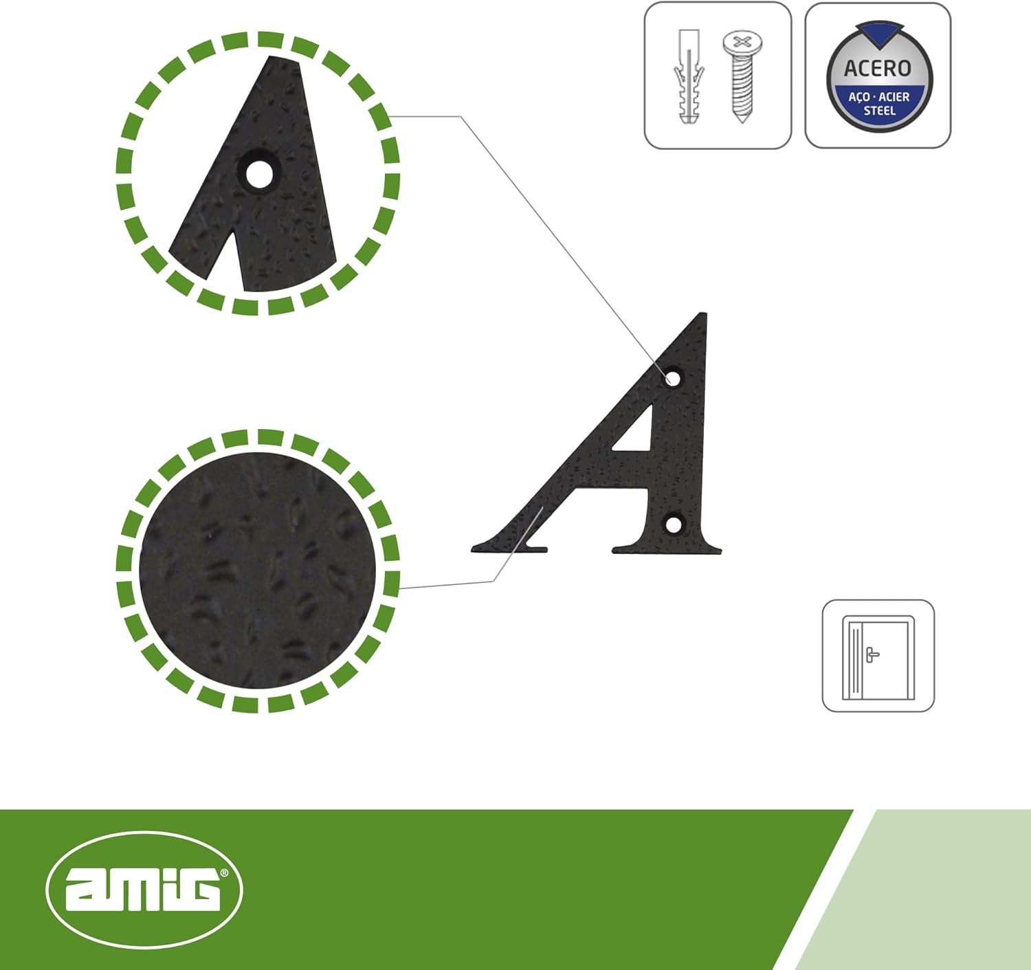Amig - Letter A for Houses or Portals | 100 x 97 mm | For Walls or Exterior Walls of Homes | Made of Steel Finished in Black Epoxy | Forging Style | Includes Studs and Lag Screws