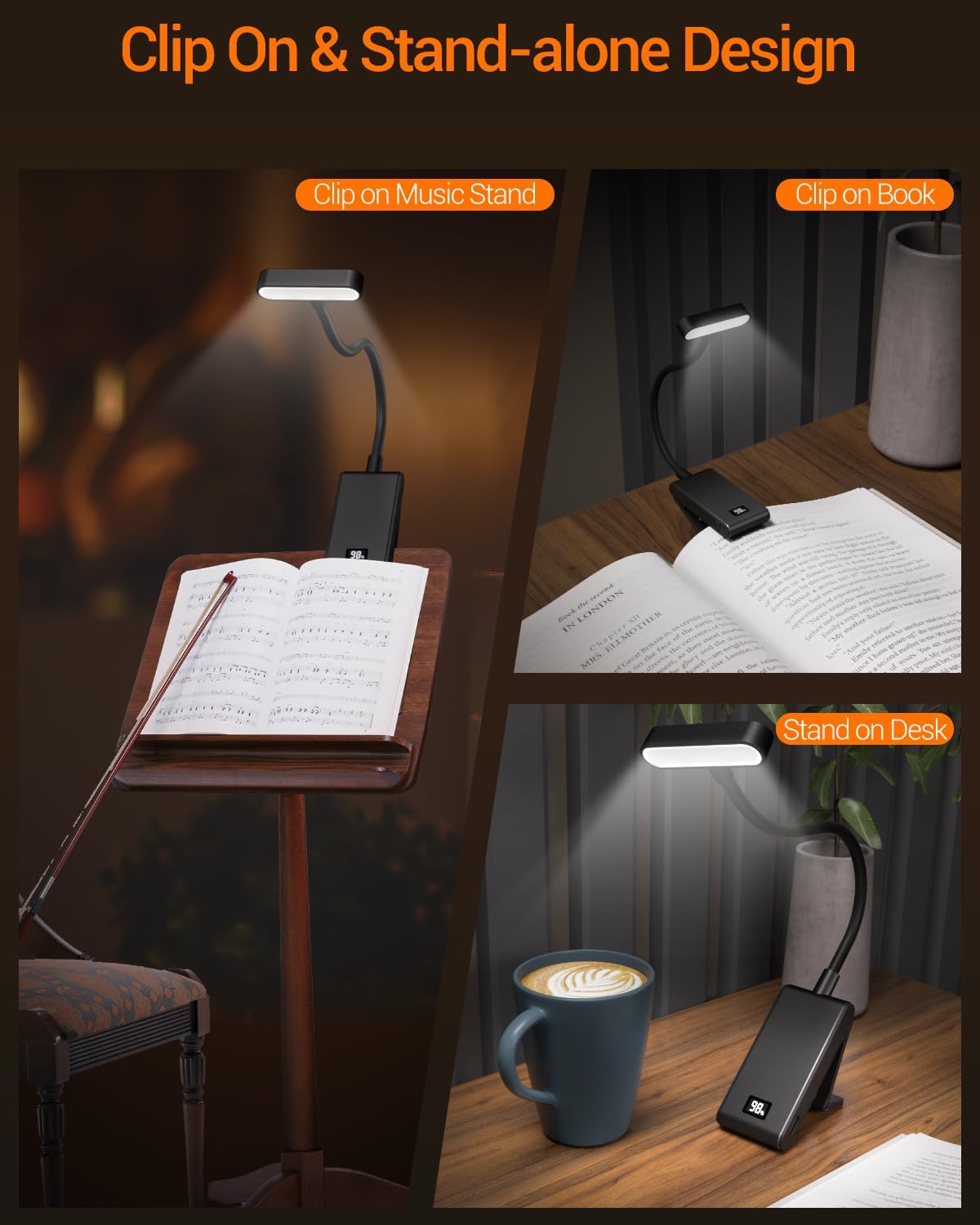 Rechargeable Clip On Reading Lamp, 9 Led 90 Hours with Power Display, 3 Brightness Levels Eye Caring Book Lamp for Kids Teachers Studying at Night in Bed