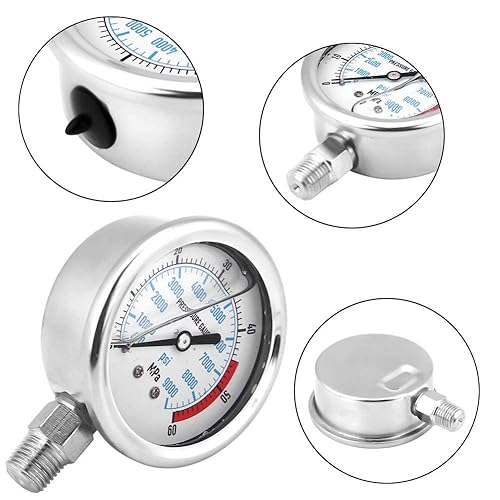 Miniatura 6 de Manómetro hidráulico, 60 MPa  9000 PSI doble escalas acero inoxidable manómetro líquido presión base entrada NPT conexión de rosca 14