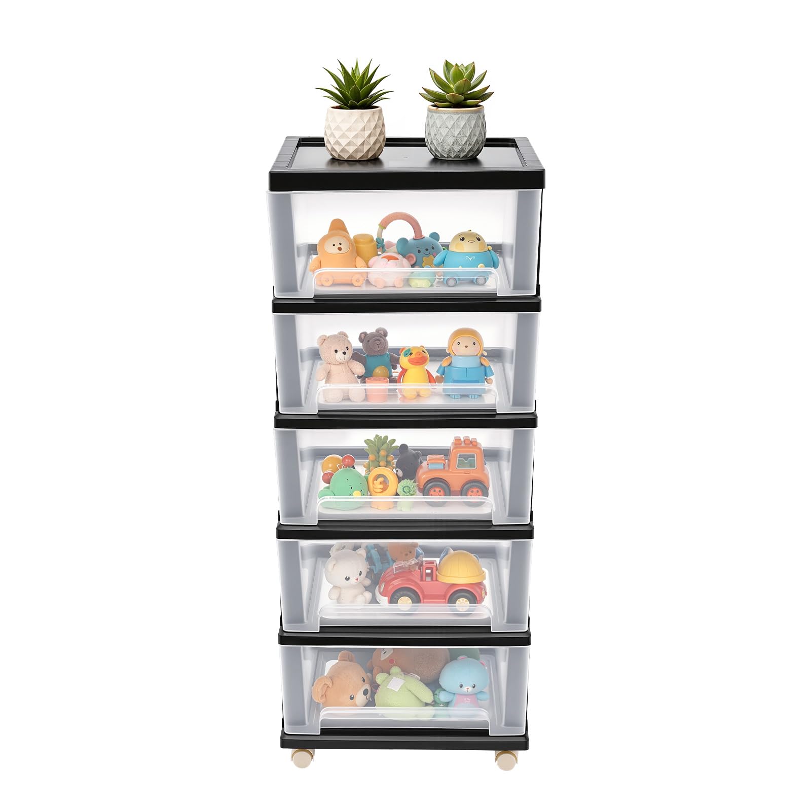 Torre di stoccaggio, cassettoni scrivania a 5 livelli con ruote, mobile portaoggetti in plastica nero polipropilene, organizzatore documenti A4 cancelleria, sistema antiscivolo, 40 x 33 x 98 cm