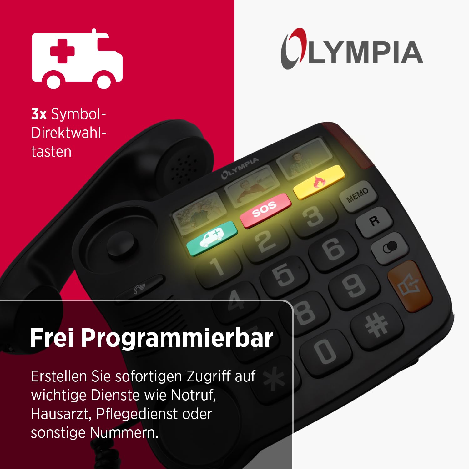 Olympia Großtastentelefon 4500 | Seniorentelefon Festnetz | extra große Wahltasten | Hörgerätekompatibel | Senioren Telefon mit Kabel | 3 Foto-Direktwahltasten | Festnetztelefon mit Schnur | schwarz