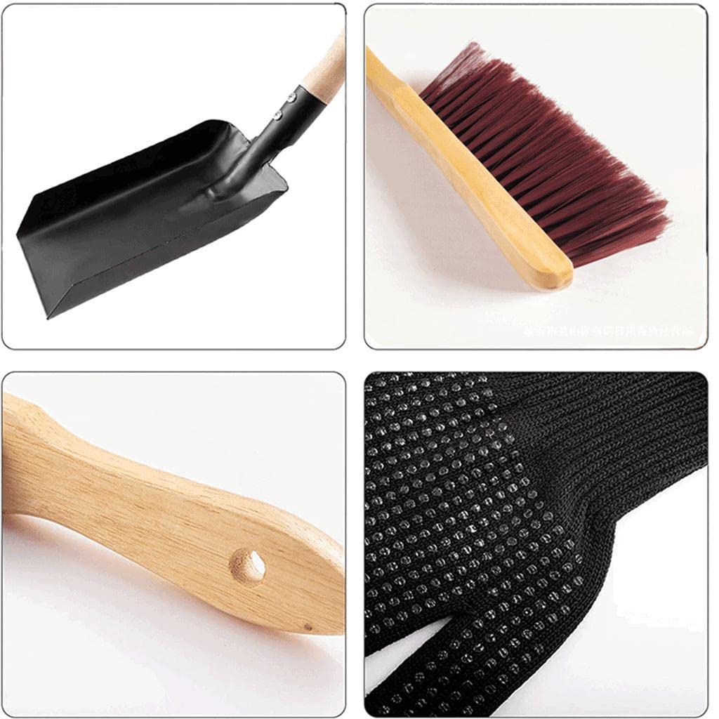 Set Attrezzi Caminetto Paletta Spazzolino Guanti Silicone Manico Legno Struttura Robusta Adatto Pulizia Ceneri Caminetto Stanza Giorno