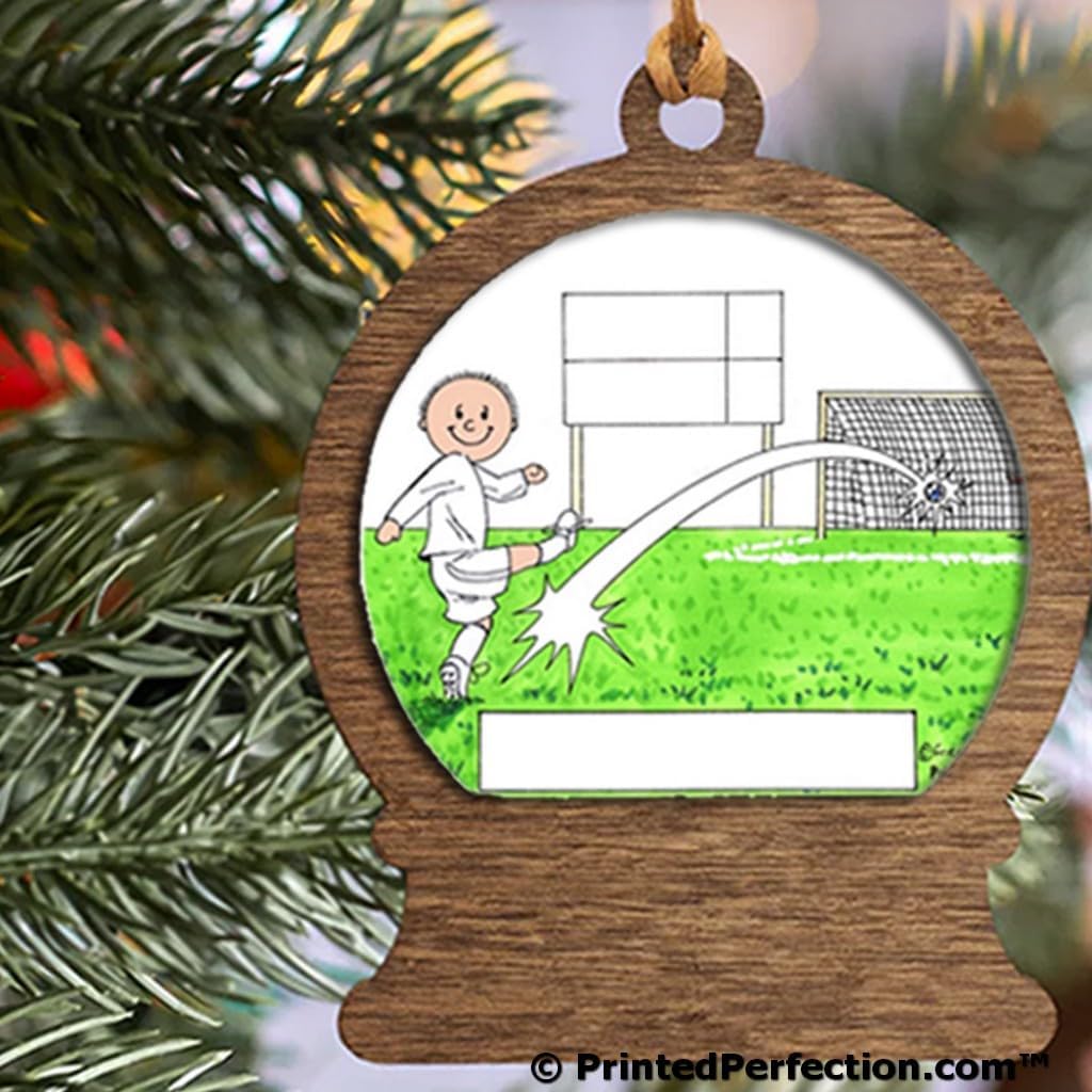 PrintedPerfection.com Personalized Soccer Player - Male, White Uniform Wooden Snow Globe Shaped Christmas Ornament