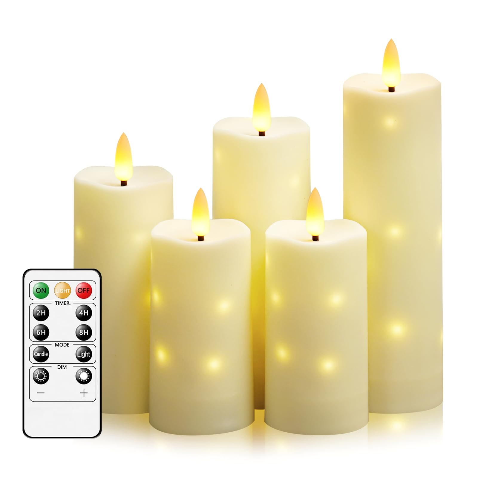 kakoya Outdoor Waterproof Flickering Flameless Candles with Timer,5Pcs Battery Operated LED Pillar Candles with Embedded Star String for Outdoor Lanterns,Porch,Patio Decor(Ivory)