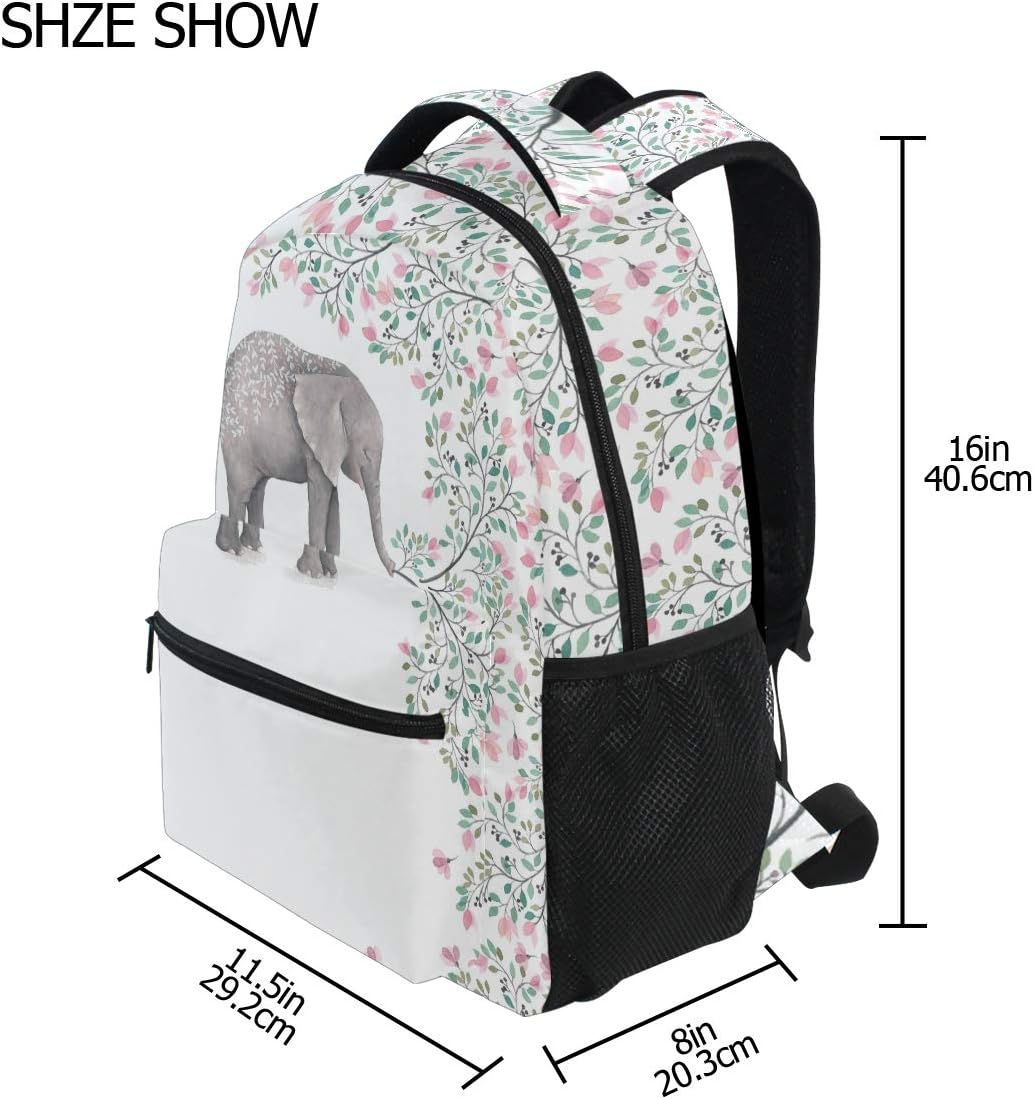 ALAZA Elephant With Flowers Floral White Stylish Large Backpack Personalized Laptop iPad Tablet Travel School Bag with Multiple Pockets