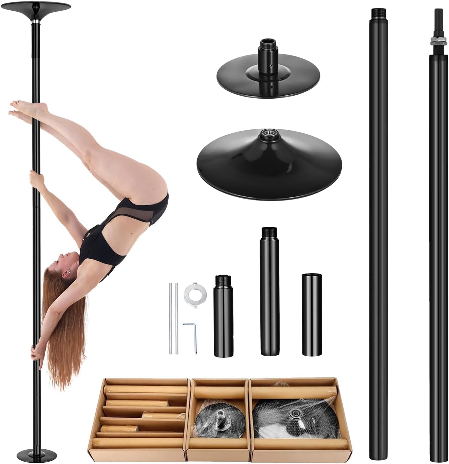 Adjustable 45mm Dance Pole for Home & Studio, Heavy Du Steel, 7.3-9ft Height, Removable & Portable, Fitness & Static Pole for Beginners & Pros - Black