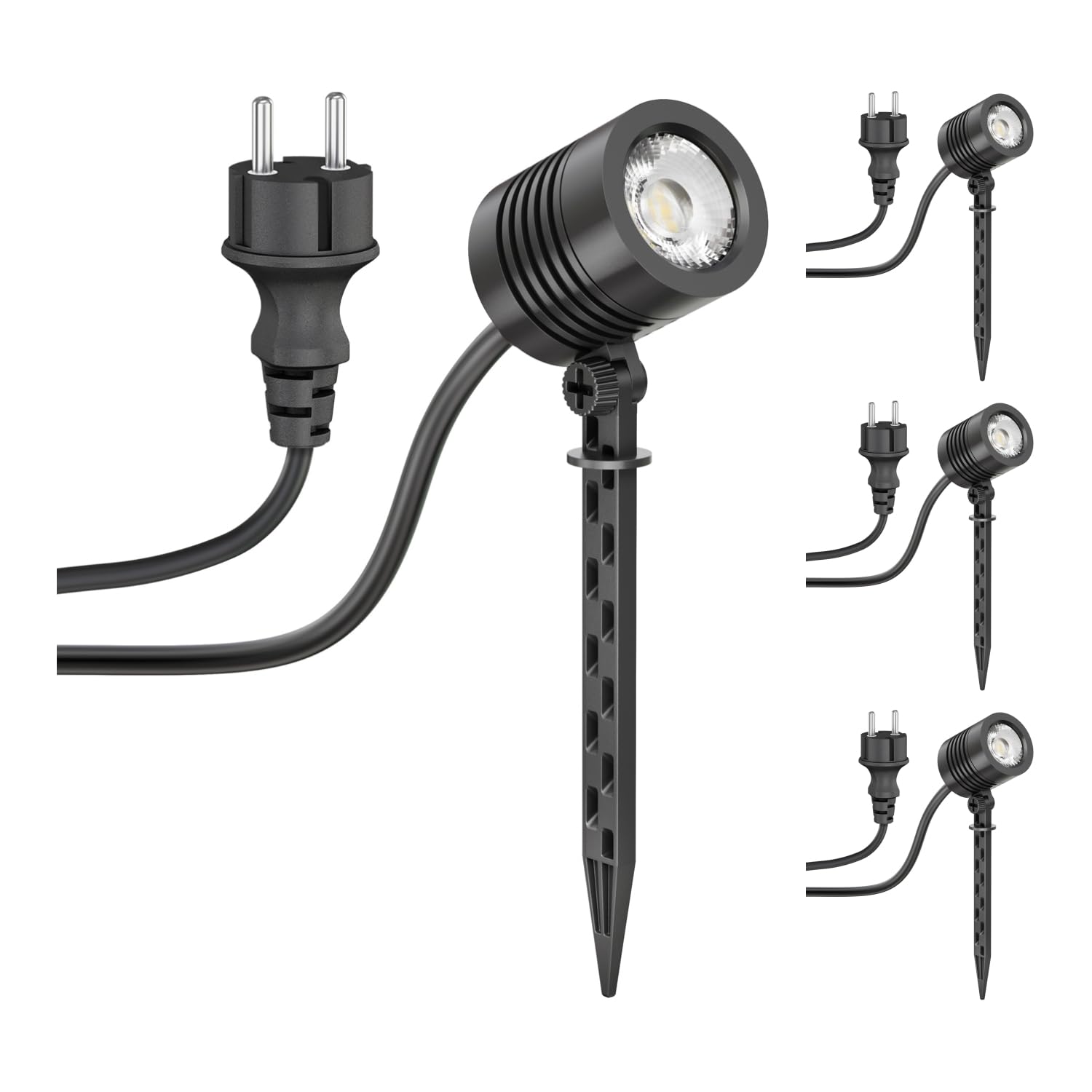 ledscom.de 4 Stück Kleiner LED Gartenstrahler mit Erdspieß TARL für außen, IP65, Stecker, schwarz, 4,3 W, 340lm, warmweiß