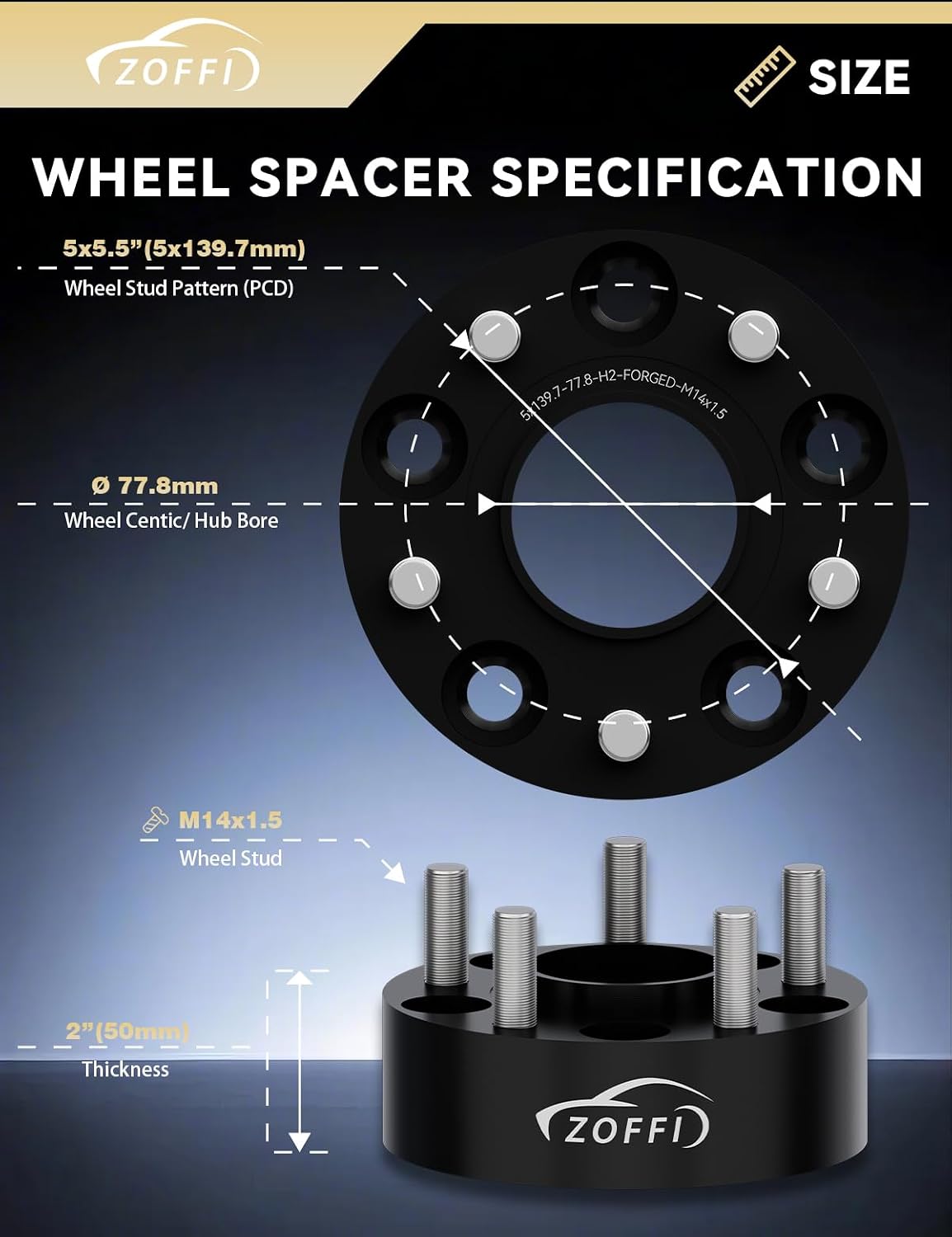 ZOFFI 5x5.5 Wheel Spacer for 2012-2018 Ram 1500 (2WD + 4WD), Thickness 2inch with 77.8mm Hubcentric 5x139.7 M14x1.5 Studs 5 Lug Wheel Adapters for 2012-2018 Dodge Ram 1500 4PCS Color Black
