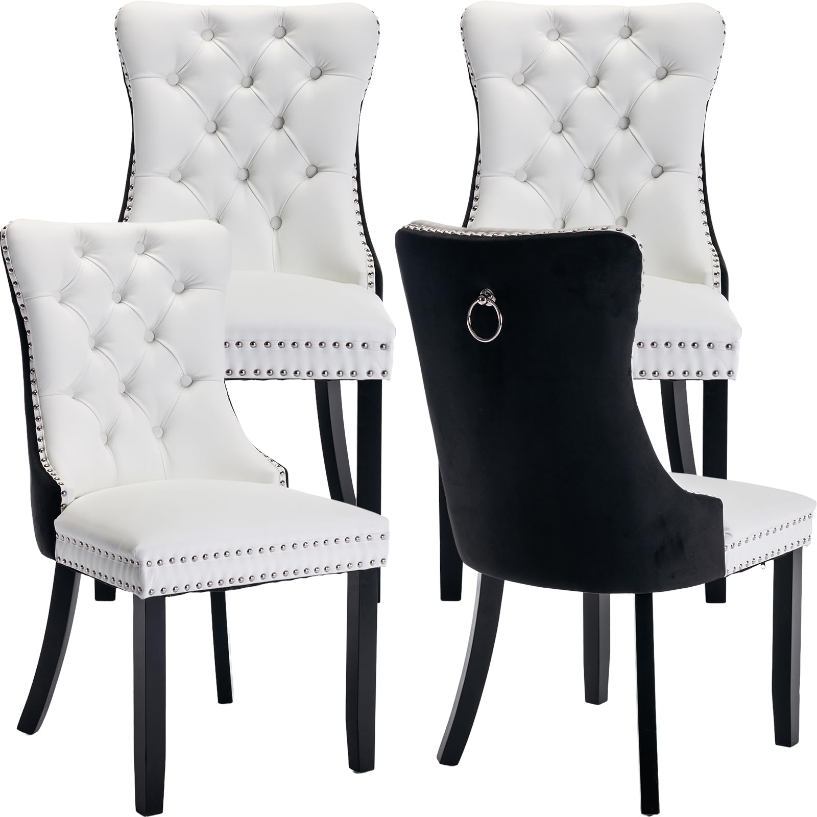 ODUSE-DAILY Velvet + PU Dining Chairs Set of 4, Kitchen & Dining Room Chairs Set of 4, Tufted Dining Chairs, PU Leather and Velvet Upholstered, Solid