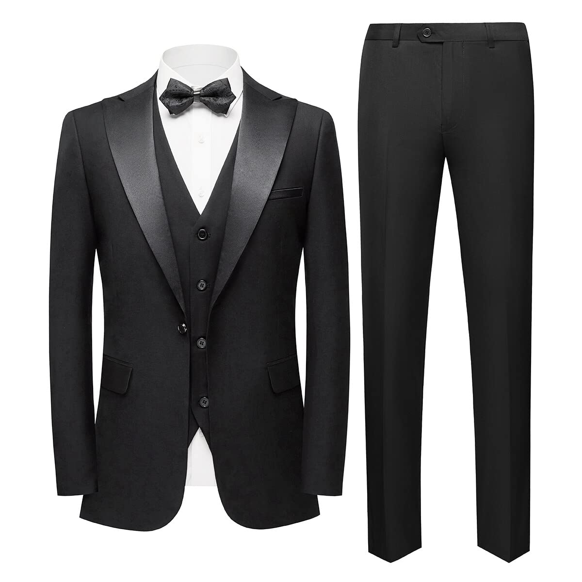YOUTHUP Abito da Uomo Slim Fit a 3 Pezzi con Risvolto a Scialle Elegante Giacca da Smoking da Sposa con Gilet,Nero,L