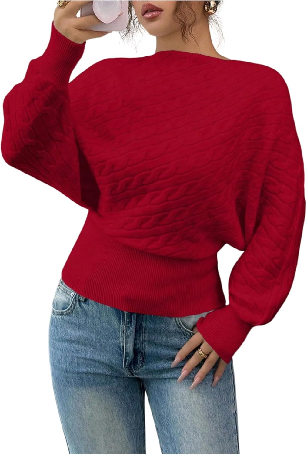 Verdusa Women's Cable Knit Sweaters Cinched Waist Tops Pullover Sweater Elegant Spring Fall Clothes