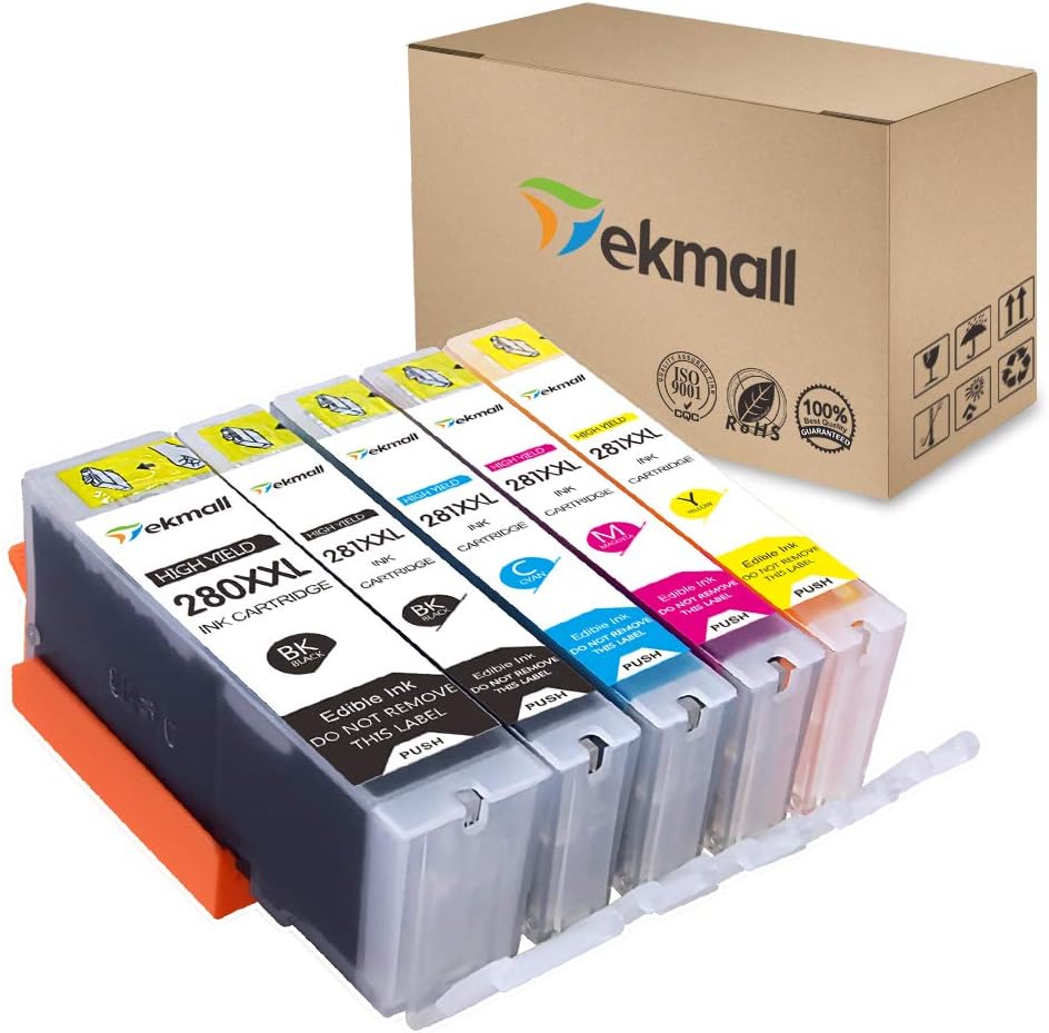 Tekmall Bakery Ink for Cake, PGI-280XXL PGI 280 CLI-281XXL CLI 281 Bakery Ink Cartridge, Work with Cake Printer Pixma TS6120 TS6220 TR7520 TR8520 TS9520 TS9521C TS8120 TS8220 TS9120,5Pack