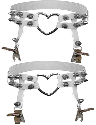 Adove Women Adjustable Leather Thigh Garter, Heart Shaped Leg Garter with Clips punk goth Garters for thigh high socks - 2p White Heart-shaped