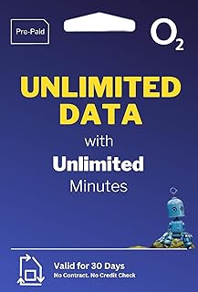 UNLIMITED UK DATA SIM and UNLIMITED MINUTES + SMS - 4G/5G O2 SIM card - Prepaid Sim, Not Pay as You Go. 25GB EU & Worldwide Roaming. Perfect for Holidays or Working Away from Home! (30 days).