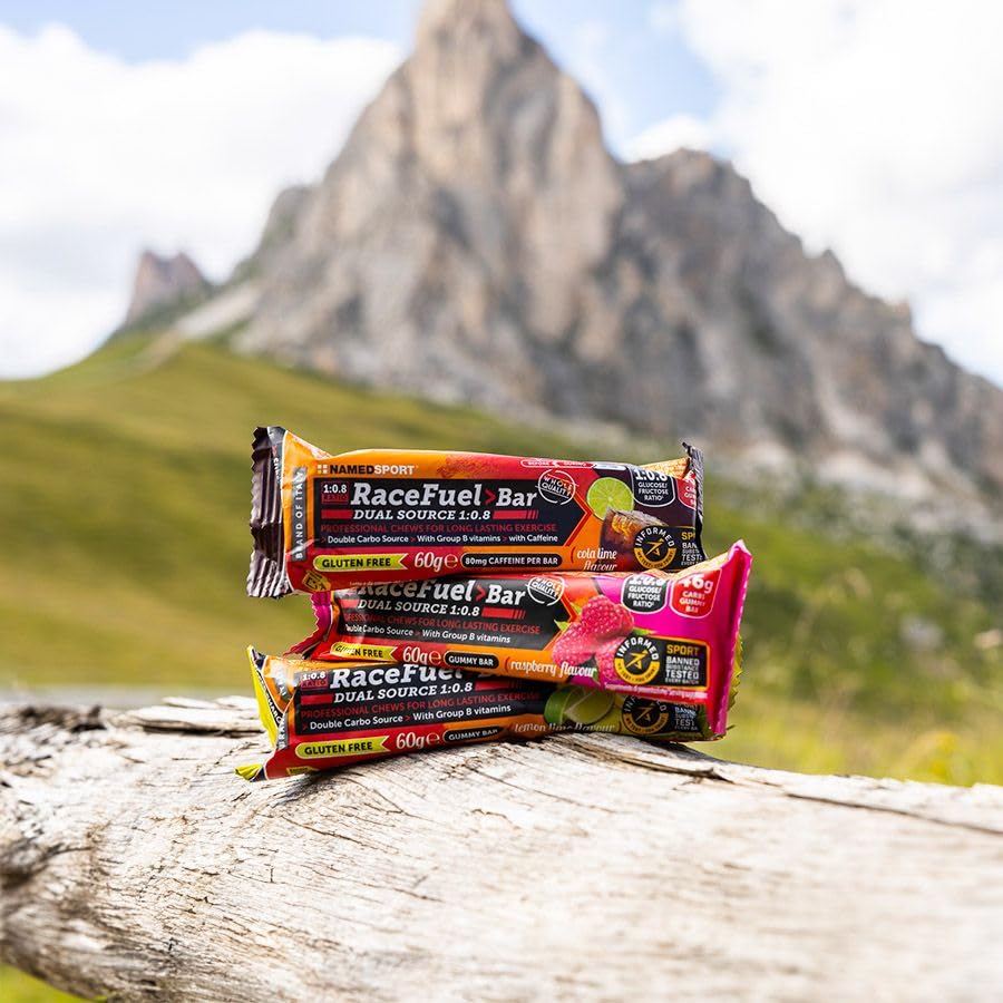 NAMEDSPORT Race Fuel Bar Raspberry 20 x 60g | Barrette Energetiche Ciclismo, Running e Triathlon | Barrette Carboidrati 46g | Snack per Sport e Pre Workout Senza Glutine | Vitamina B