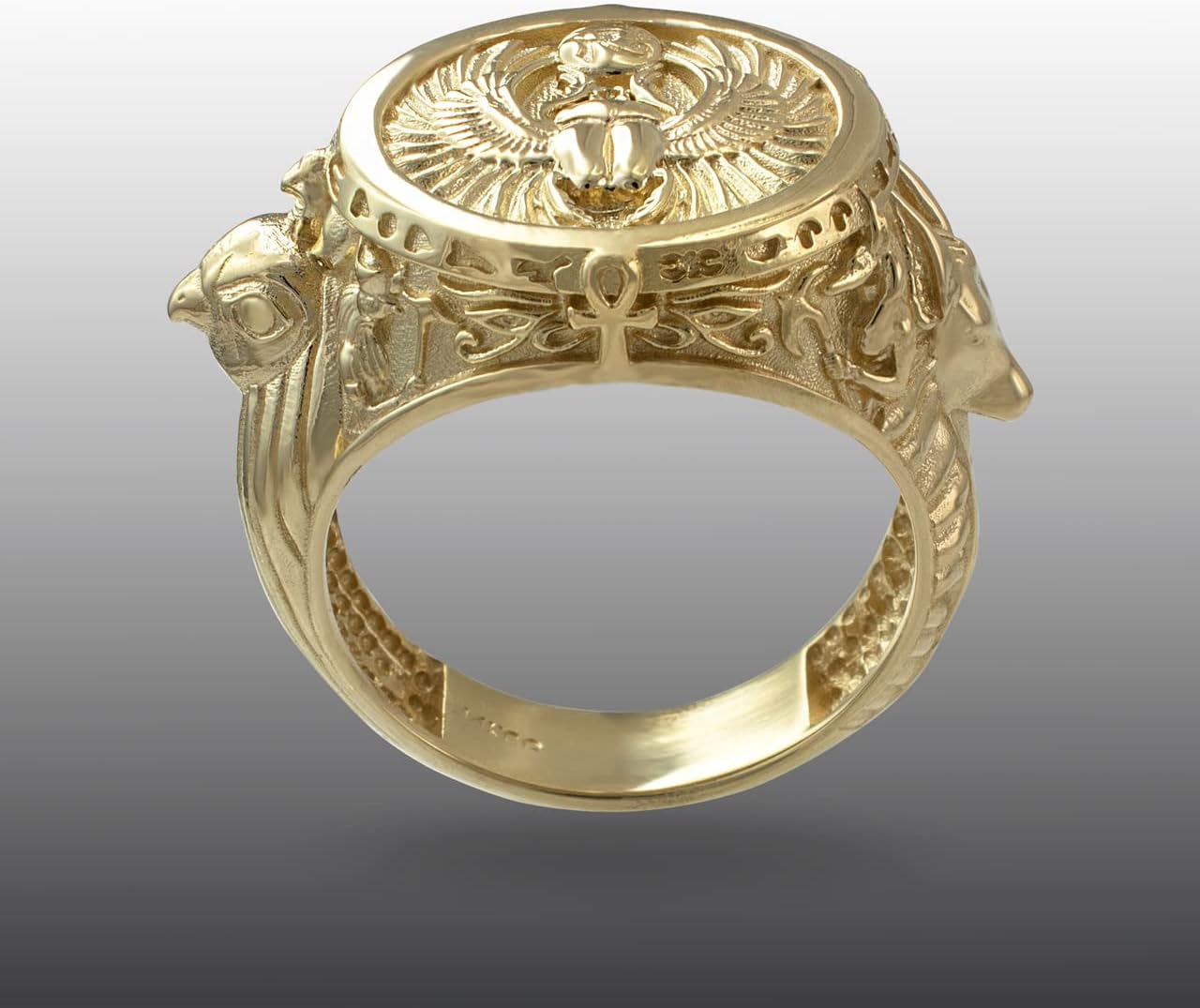 LA BLINGZ 14K Yellow Gold Ancient Egyptian Mythology Scarab Beetle Anubis Horus Ring