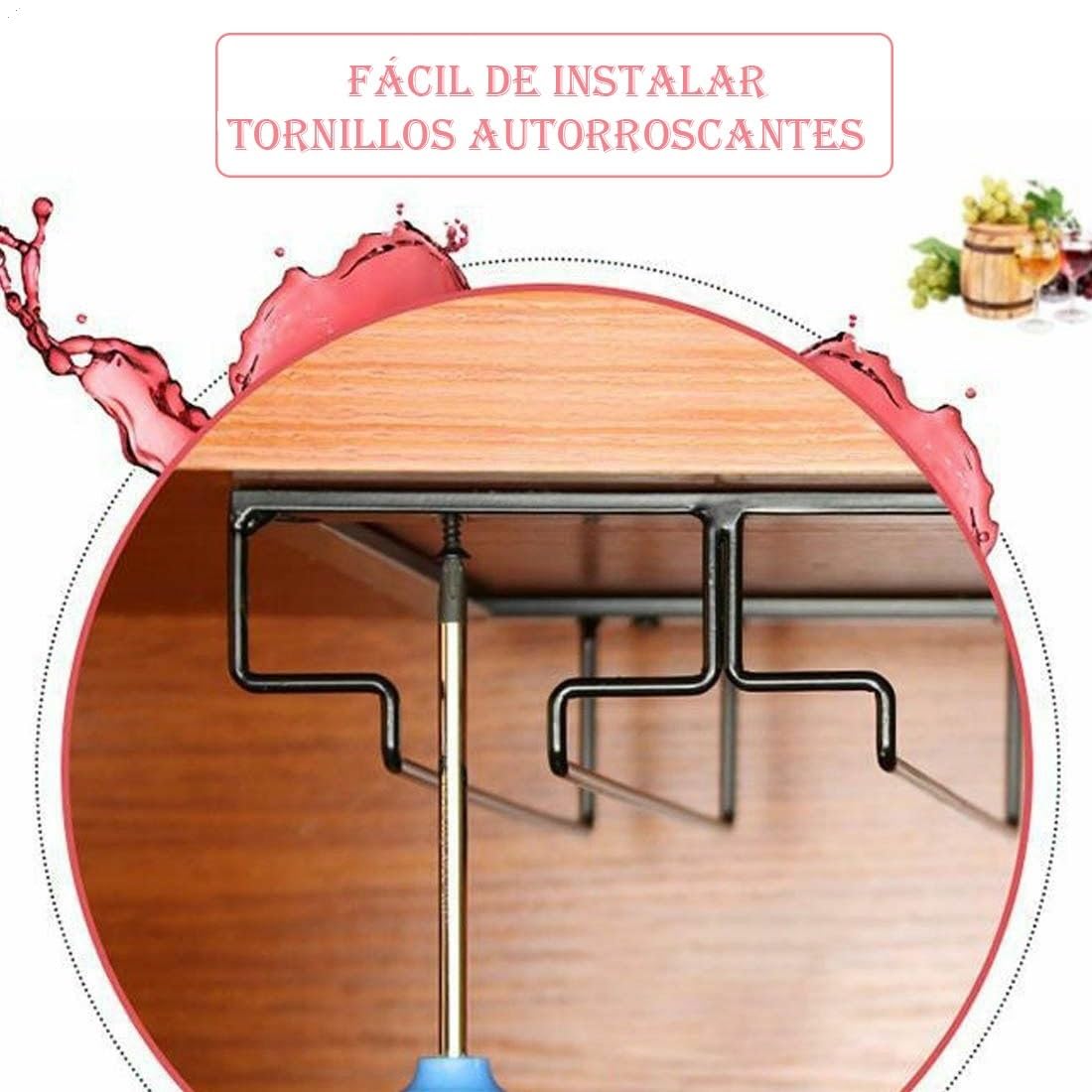 Soportes para Copas de Vino,4 Filas Estante Colgante para Copas de Vino con Tornillos, Estante de Almacenamiento de Metal,Colgador de Copas Invertido para Cocina,Bar,Restaurante,Gabinete,Vidrio